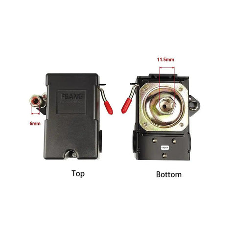 Top and bottom view of Air Compressor Pressure Switch Auto Start 90 To 125 PSI Single Port With Unloader And On Off Lever Beefed Up 16 To 20 Amp 240V NPT One Quarter Inch Female Fitting