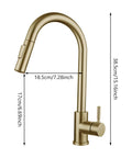 Sink Faucet,360°Pull-Out Spray,Brushed Steel Hot and Cold Rotation (Gold) with measurements displayed.