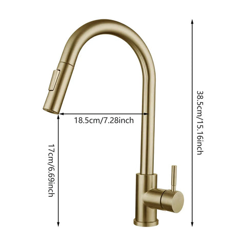 Sink Faucet,360°Pull-Out Spray,Brushed Steel Hot and Cold Rotation (Gold) with measurements displayed.