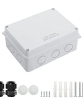 LeMotech white ABS IP65 junction box with 2 cable glands, gaskets, screws and wall anchors