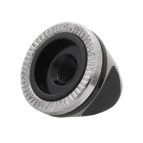 Close-up of Two Pack Aluminum Bike Wheel Hub Nuts Quick Release Replacement M5 Axle Tightening Thumb Knobs in black and silver