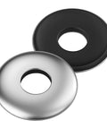 Front view of two sealing washers, 304 stainless steel with neoprene/EPDM bonded seal; silver and black.