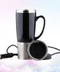 Portable Electric Car Kettle With 500Ml Stainless Steel Body, Fast Boil Water Heater Cup For Coffee Or Tea, in black design.
