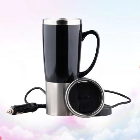 Portable Electric Car Kettle With 500Ml Stainless Steel Body, Fast Boil Water Heater Cup For Coffee Or Tea, in black design.
