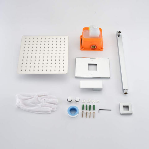 Components of Shower System With 12 Inch Square Rain Shower Head Chrome Finish Brass Arm And Valve Pressure Balance Control Set