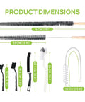 All In One Washing Machine And Dryer Vent Cleaning Kit With Long Handle Brushes showing dimensions of each brush