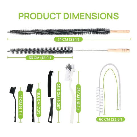 All In One Washing Machine And Dryer Vent Cleaning Kit With Long Handle Brushes showing dimensions of each brush