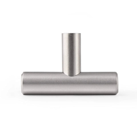 Brushed Nickel 5 Pack Single Hole Cabinet Knobs And Stainless Steel T Bar Handles Set front view on white background
