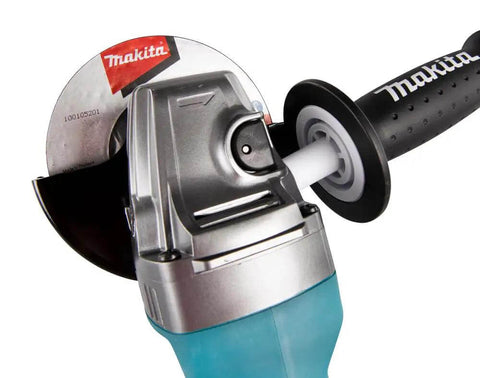 Close-up of Cordless 40V Max Angle Grinder Powerhouse with blade, showcasing its robust design and sturdy grip.