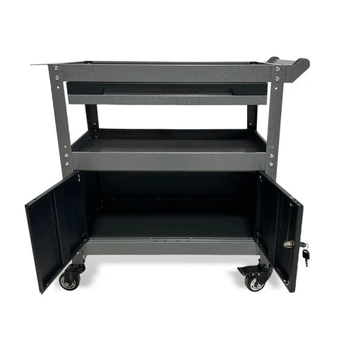 Front view of Steel Rolling Tool Cart With Lockable Cabinet And Drawer, Pro Grade Heavy Duty Utility Cart On Wheels For Garage Auto Shop