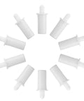 Killer Quality 50 Pack Shutter Repair Pins Spring Loaded Plantation Shutter Fasteners for window blind slat clips arranged in a circle.