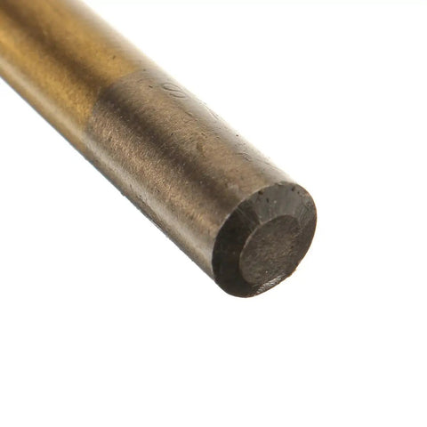 Close-up of Professional 115 Piece Titanium Coated Drill Bit Set Round Shank showing the end of a titanium-coated drill bit.