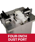 Shop Ready 5 HP Spindle Shaper With 230V Single Phase Motor Featuring Four Killer Speed Settings And A Sweet Cast Iron Worktable Plus Rock Solid Aluminum Fence Setup with a four-inch dust port.