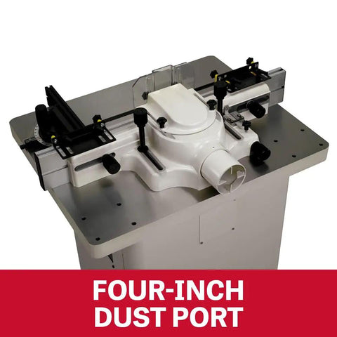 Shop Ready 5 HP Spindle Shaper With 230V Single Phase Motor Featuring Four Killer Speed Settings And A Sweet Cast Iron Worktable Plus Rock Solid Aluminum Fence Setup with a four-inch dust port.