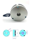 Electromagnetic brake, BISS, Amazon; round metal housing with mounting flange and wiring, front view