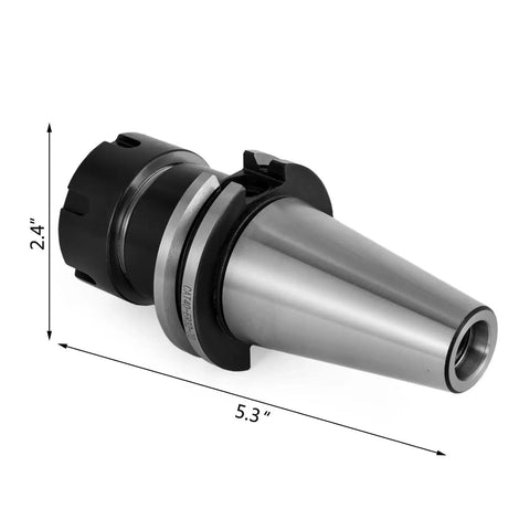 Heavy-Duty 5 Piece Er32 Collet Set For Cat40 Cnc Milling Chuck; metal adapter measuring 5.3 inches, 2.4 inches diameter, precision ground.