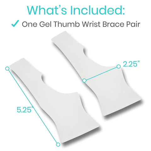 One gel thumb wrist brace pair with dimensions 5.25 x 2.25 inches for pain relief and swelling support.