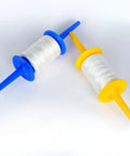 Kite Spool Reel Winder With Grip String Handles, blue and yellow reels, showing 600 Feet Twisted Polyester Line per handle