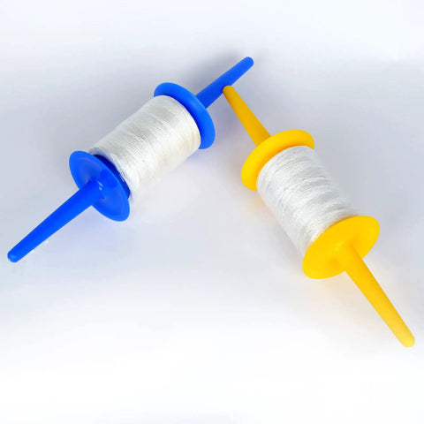 Kite Spool Reel Winder With Grip String Handles, blue and yellow reels, showing 600 Feet Twisted Polyester Line per handle