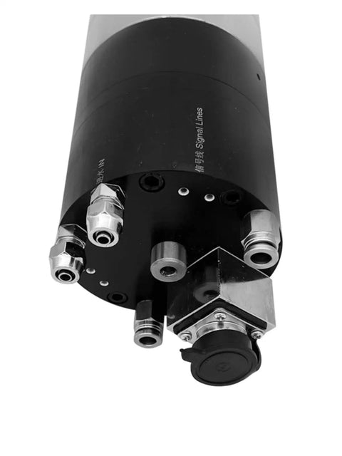 Bottom view of water cooled CNC spindle motor for engraving and milling, 3KW to 11KW range, 12,000 RPM high speed, BT40 toolholder.