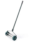 Image of the Rolling Lawn Aerator 18 Inch Rotary Push Tine Spike Soil Aerator for garden, featuring a 3 piece long steel handle.