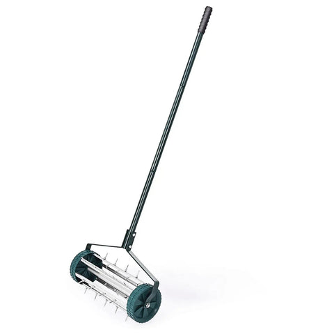 Image of the Rolling Lawn Aerator 18 Inch Rotary Push Tine Spike Soil Aerator for garden, featuring a 3 piece long steel handle.