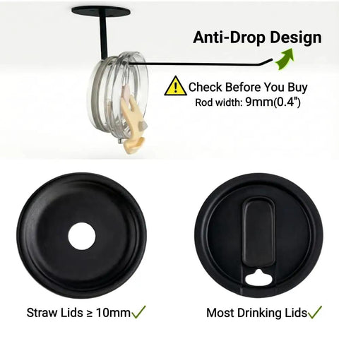4 Pack No Drill Cabinet Door Lid Organizer For Plastic And Tumbler Lids, showcasing anti-drop design and compatibility with various lids.