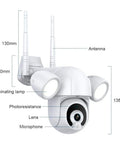 Diagram of 2K 3MP Outdoor WiFi Floodlight Security Camera With PTZ showing dimensions, antennas, lamps, and lens.