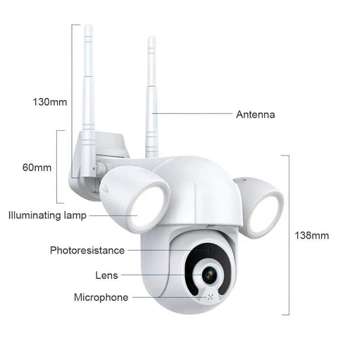 Diagram of 2K 3MP Outdoor WiFi Floodlight Security Camera With PTZ showing dimensions, antennas, lamps, and lens.