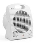 White personal space heater with 1500W power, adjustable thermostat, three heat settings, and energy save mode, front view.