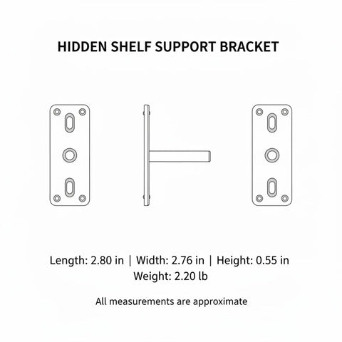 Technical diagram of Go-To Hidden Shelf Support Bracket for Floating Shelves, 6.7 x 2.4 x 2.5 Inch Carbon Steel Nickel Plated Wall Mount