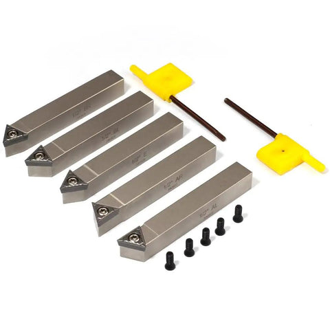 Top Shelf Mini Indexable Lathe Turning Tool Set With Half Inch Nickel Plated Shank Holders Plus Razor Sharp Carbide Insert Blades.