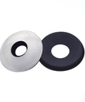 Two bonded sealing washers for screws/bolts; silver stainless steel with black neoprene inner and black rubber washer.