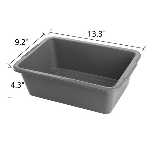 Gray plastic bus tub with dimensions 13.3 x 9.2 x 4.3 inches, Six Pack Plastic Bus Tubs 8L Capacity For Restaurant And Food Service Use.
