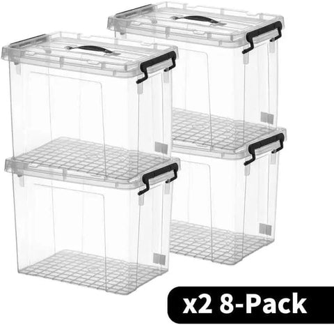 Massive 90 QT 8 Pack Stackable Clear Storage Tote Bins With Secure Snap Lids For Heavy Duty Home Office Garage Organization And Toy Cleanup That Creates A Clean Sweep