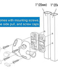 Exploded view of MagnaLatch Side Pull Gate Latch 2-3/4 Inch Adjustable Stainless Steel Components, screws, and caps for installation.