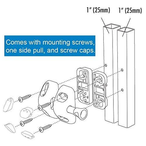 Exploded view of MagnaLatch Side Pull Gate Latch 2-3/4 Inch Adjustable Stainless Steel Components, screws, and caps for installation.