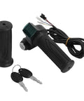 Upgrade Your Ride With This Smart LED Display Throttle Grip Pair Designed For 24-60V Ebike Systems Featuring Secure Lock-On Aluminum Clamps And Real-Time Battery Voltage Monitoring For A Safer And Smoother Electric Bike Journey No More Guessing What. 22.2mm black ebike throttle grip pair with LED display, wire leads and keys