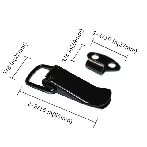 Six Pack 75mm Stainless Steel Spring Loaded Toggle Latches With Clip Lock Hasps and dimensions on display.