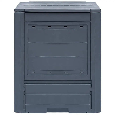 Front view of Outdoor Compost Tumbler With Better Aeration, Sturdy Gray Garden Bin Made From Recycled Plastic for fast composting.