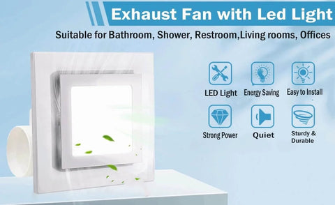 Quiet 118 CFM Bathroom Exhaust Fan With LED Light Ceiling Mount Vent Fan 4 Inch Duct visible with energy icons