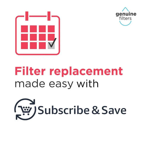 Calendar icon representing easy filter replacement with Subscribe & Save offer, supporting Water and Air Filter Combo Pack 2 Piece Set for Select Models WF3CB PAULTRA Reduces Chlorine Taste and Odor Lead Mercury Pharmaceuticals and More Keeps Water Taste Fresh and Fridge Odors In Check plan.
