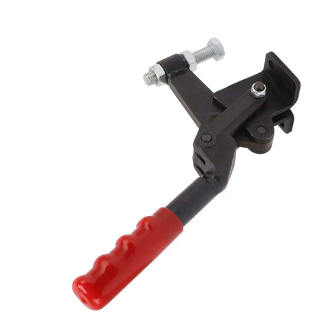 Built Tough Toggle Clamp in Carbon Steel, Heavy Duty 1543 lb Capacity with red handle and 180 degree bar rotation.