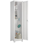 Slim Broom Storage Cabinet With Shelves And Hanging Rod Locking Door Metal Cabinet For Tight Spaces in white, open view.