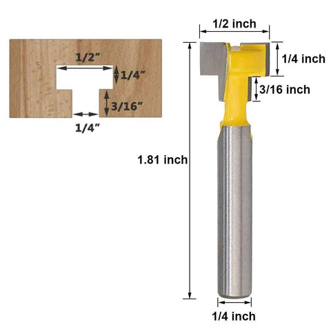 Shop Essential 1/4 Inch Shank Keyhole Router Bit Set With T Slot And T Track Cutters showing dimensions and design details.