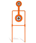 Double Spinner Auto Reset Steel Target For Handguns Up To.44 Magnum with neon orange 3.5 and 4.5 inch targets shown front view