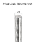 Close-up of M10 stainless steel fully threaded rod, 400 mm length, right-hand thread