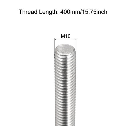 Close-up of M10 stainless steel fully threaded rod, 400 mm length, right-hand thread