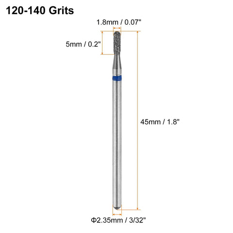 8 Pack Diamond Grinding Bits Set 120-140 Grit Cylindrical Ball Head 1.8mm Shank 2.35mm 5mm Head 45mm Total Length