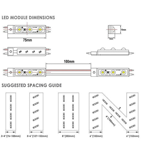 Diagram showing LED Sign Letter Modules 200 Pieces Spanning 99 Feet 6000K White Light 5730 SMD with dimensions and spacing